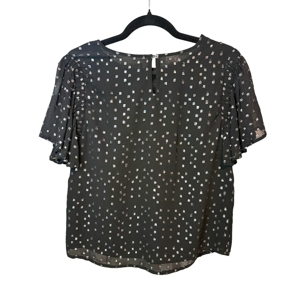 BB Dakota Black Silver Metallic Blouse Womens Size Small‎ Flutter Sleeve Top